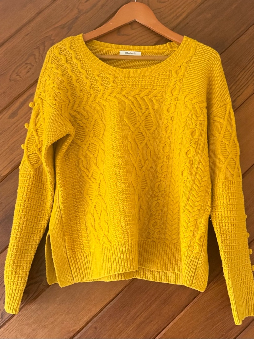 Madewell 100% Merino Wool Cable Knit Pom Pom Sleeve Sweater M Mustard